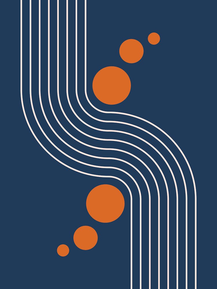 Soleil et Arc-en-ciel Abstrait Moderne Mid-Century 11 en Bleu Marine et Orange Brûlé