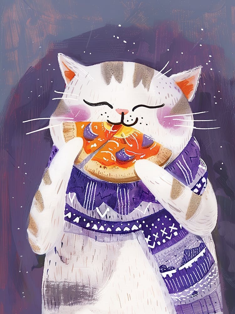 Illustration Folk Chat Gris Et Blanc Amoureux De Pizza 1