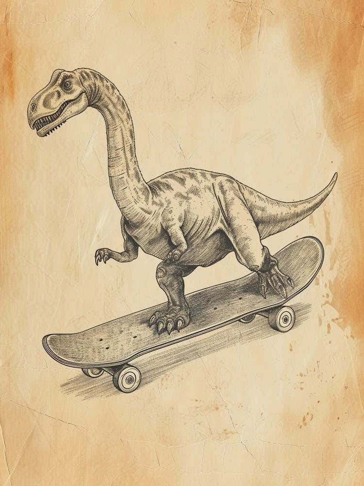 Vintage Brachiosaurus Dinosaur On A Skateboard 3