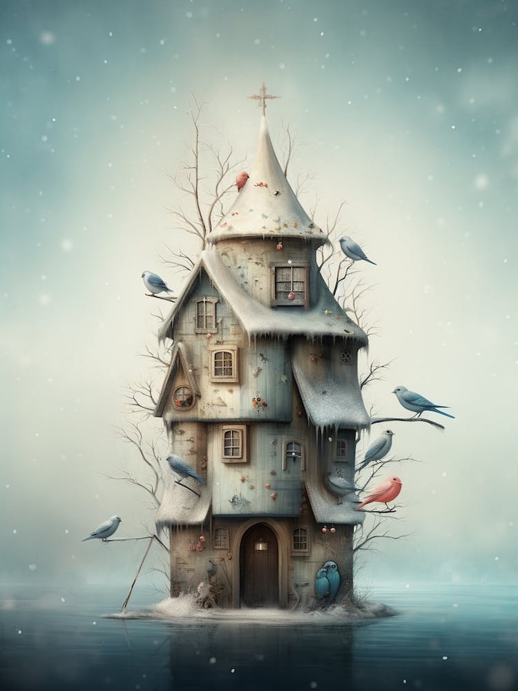 Bird House Winter Snow Illustration 1