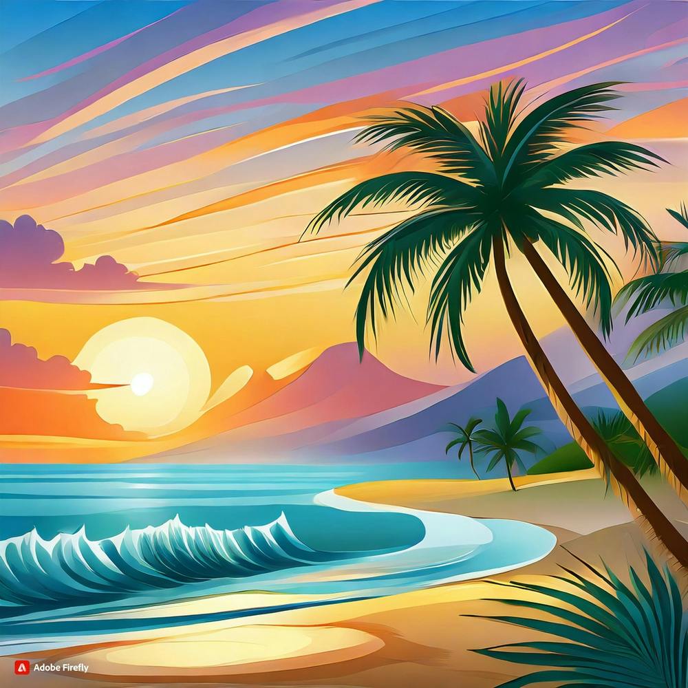 A Serene Beach Sunrise With Coconut And Palm Trees, Gentle Waves.