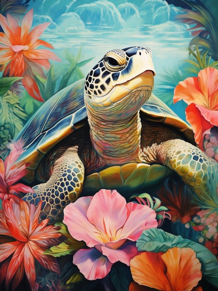 Leatherback Turtle And Tropical Flowers