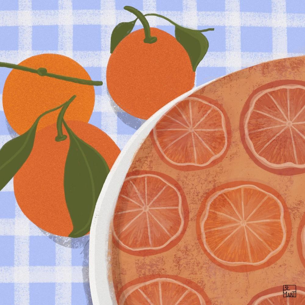 Orange Cake On Blue Tablecloth Square