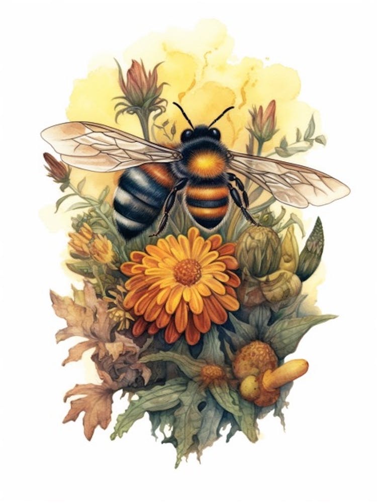 Large Earth Bumble Bee Beehive Watercolour Illustration 1