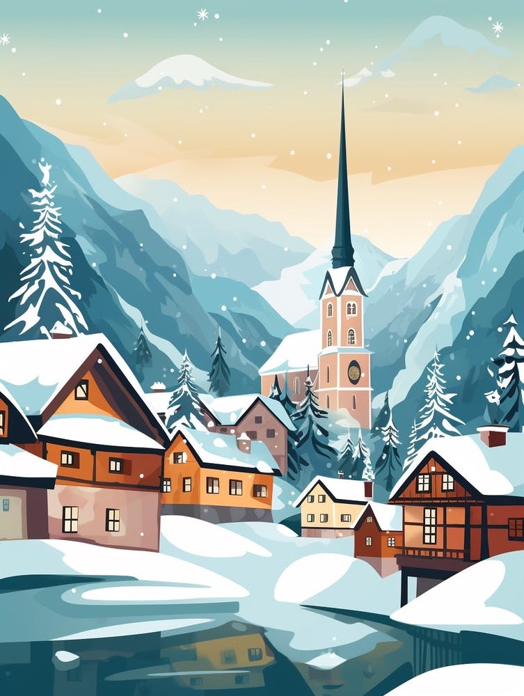 Vintage Winter Travel Illustration Hallstatt Austria 1