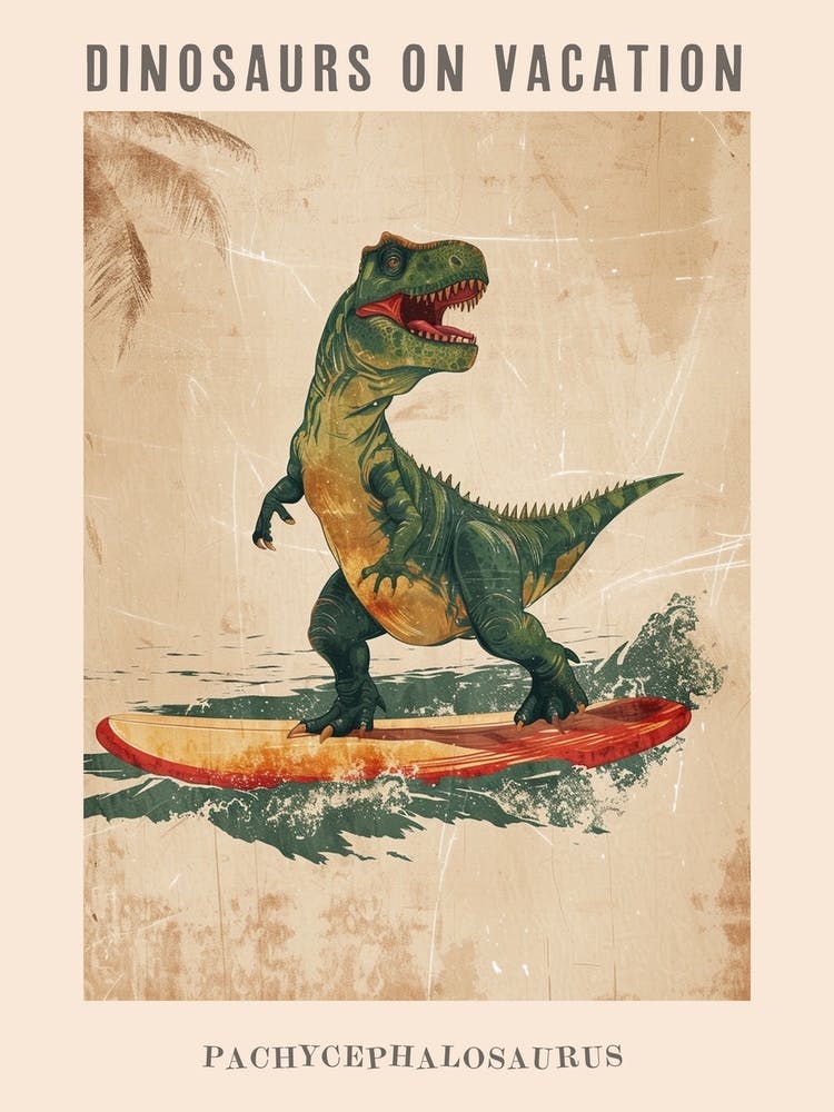 Vintage Pachycephalosaurus Dinosaur On A Surf Board 2 Poster