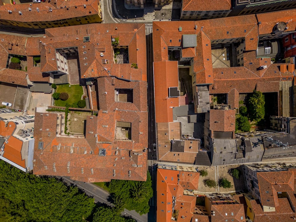 Top view of the historic houses and streets of the Italian city of Novara, Piedmont.