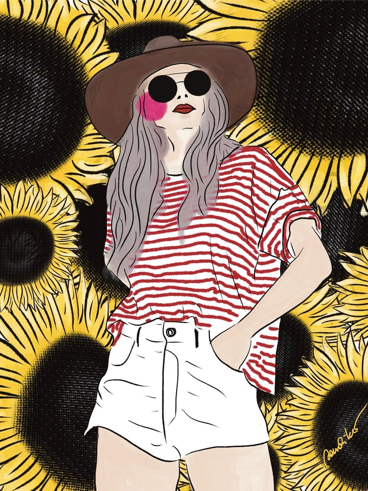 Girl with sunglasses and sunflowers