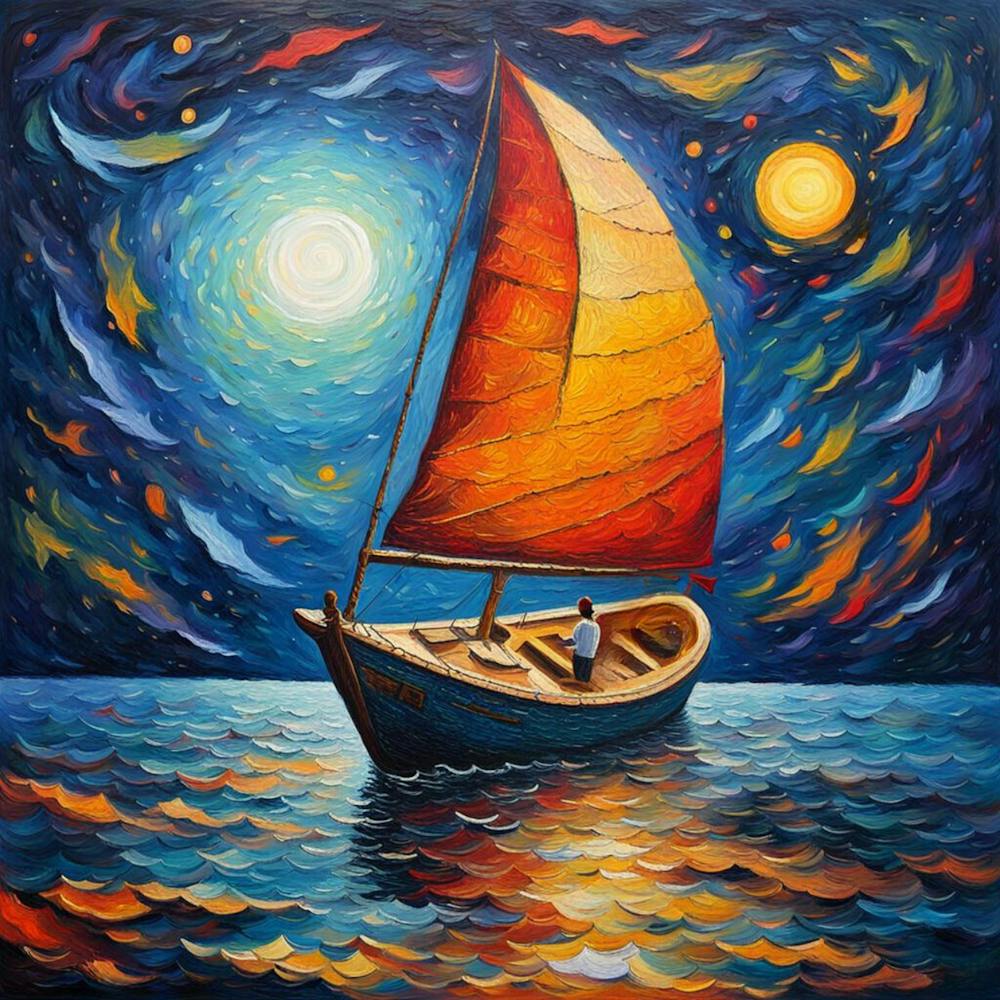 Starry Night Sail - Celestial Seascape Canvas Print | Nautical Wall Art with Vibrant Sunset Colors