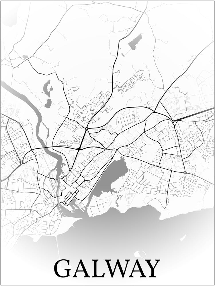 Galway, Ireland, City Map, Black And White Fade Design