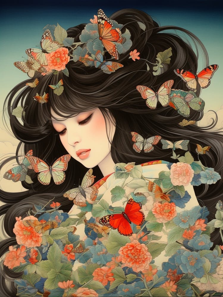 Butterflies With Peonies In Hair Of A Girl