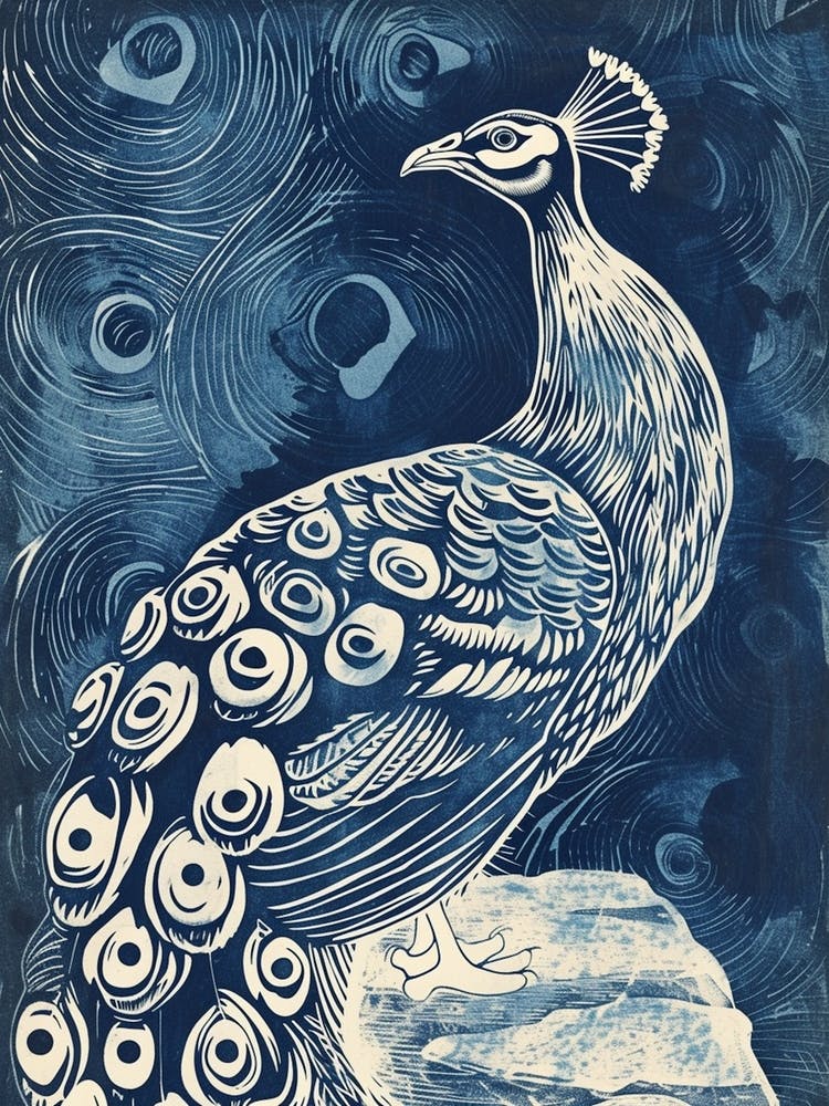 Peacock On A Rock Linocut Inspired 2