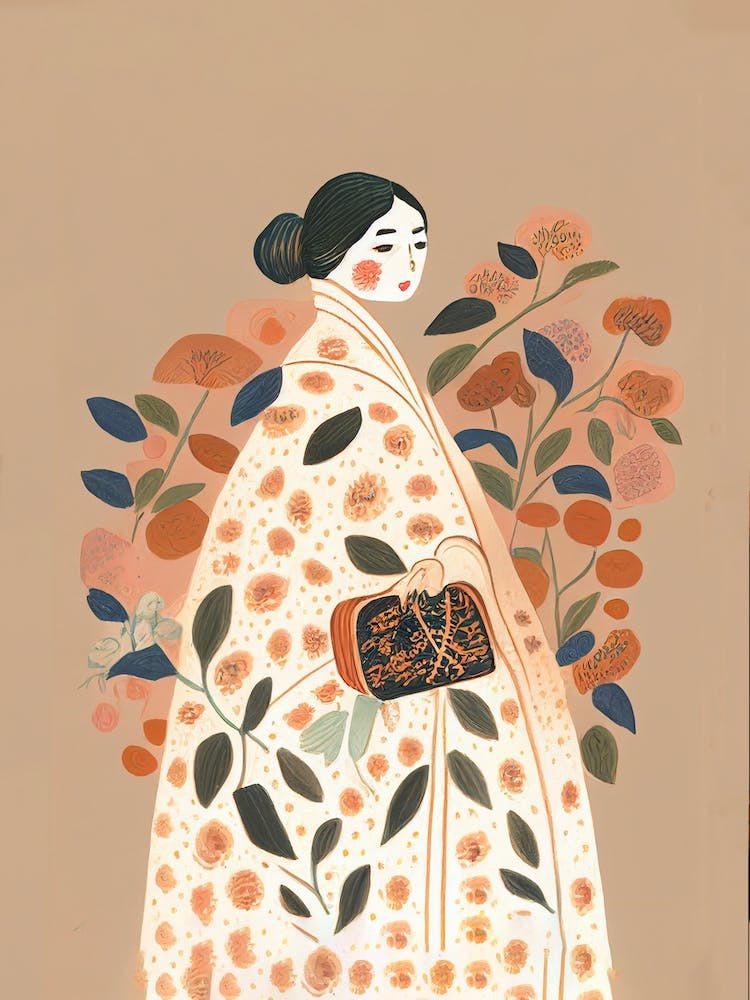 Girl With A Big Flower Dress And Handbag