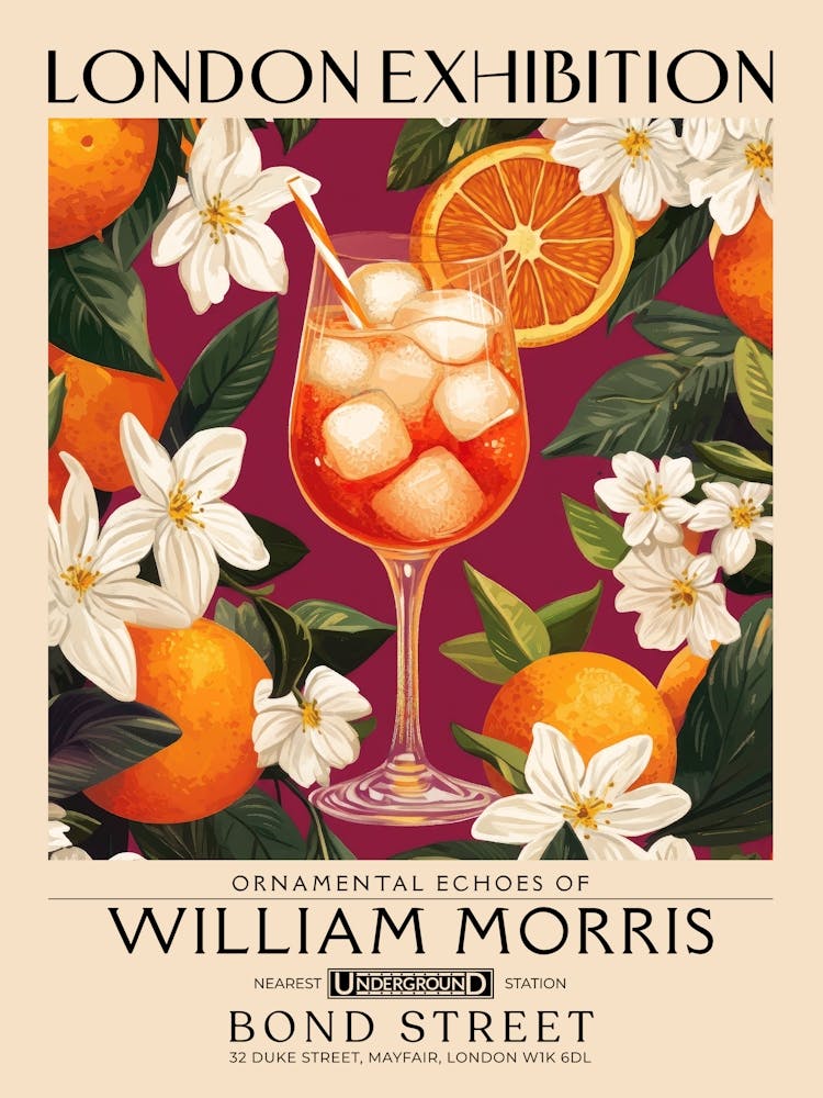 Aperol Spritz cocktail print William Morris style maximalist floral art, summer inspired drink wall art vintage botanical still life eclectic decor for bar cart, living room, kitchen, dining room