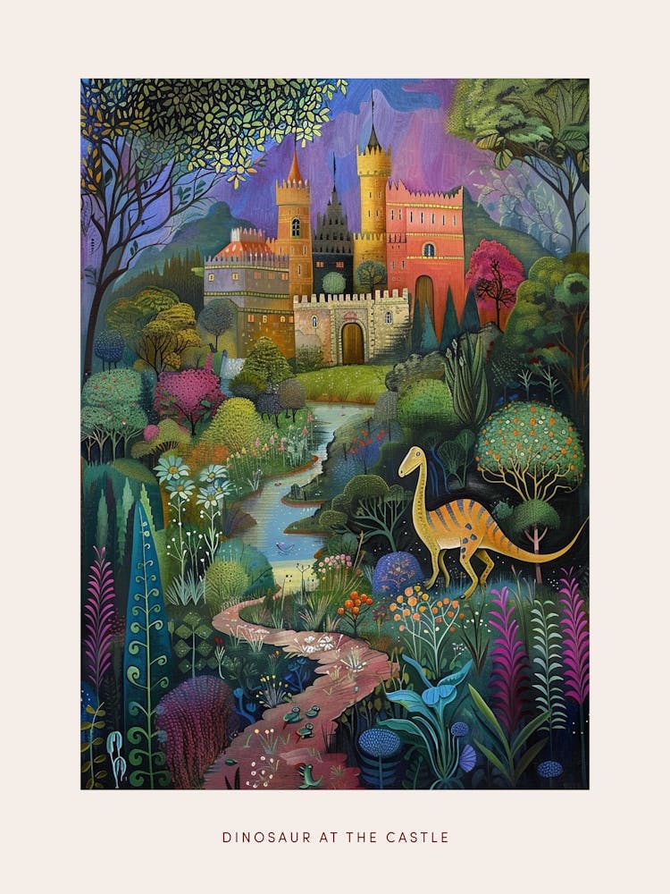 Dinosaur In The Castle Garden Painting 3 Poster