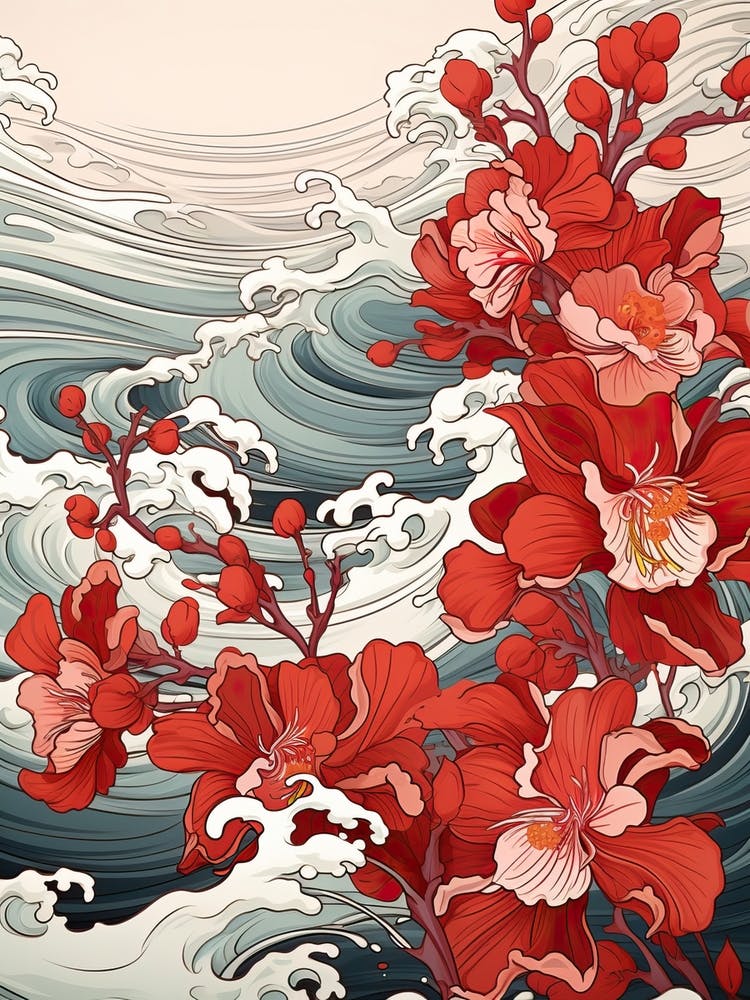 Great Wave With Orchid Flower Drawing In The Style Of Ukiyo E 1