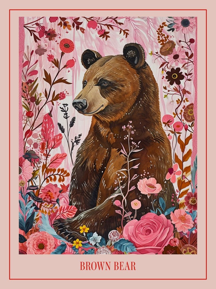 Floral Animal Painting Brown Bear 3 Poster