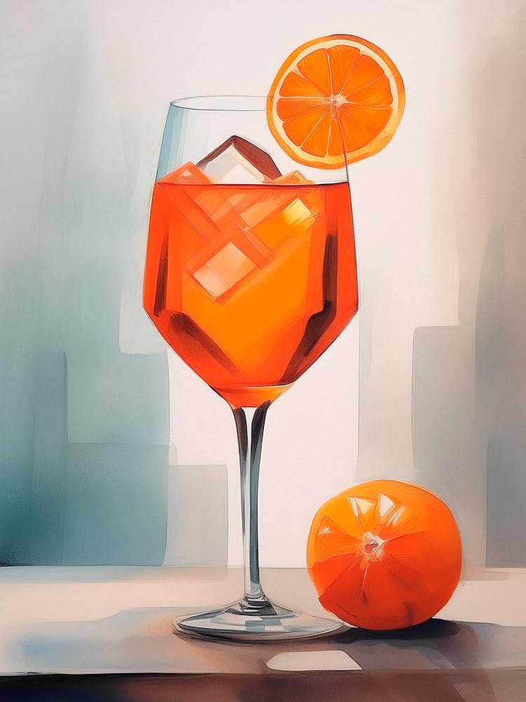 Minimalistic Painting Of Aperol Spritz Cocktail With A Slice Of Orange
