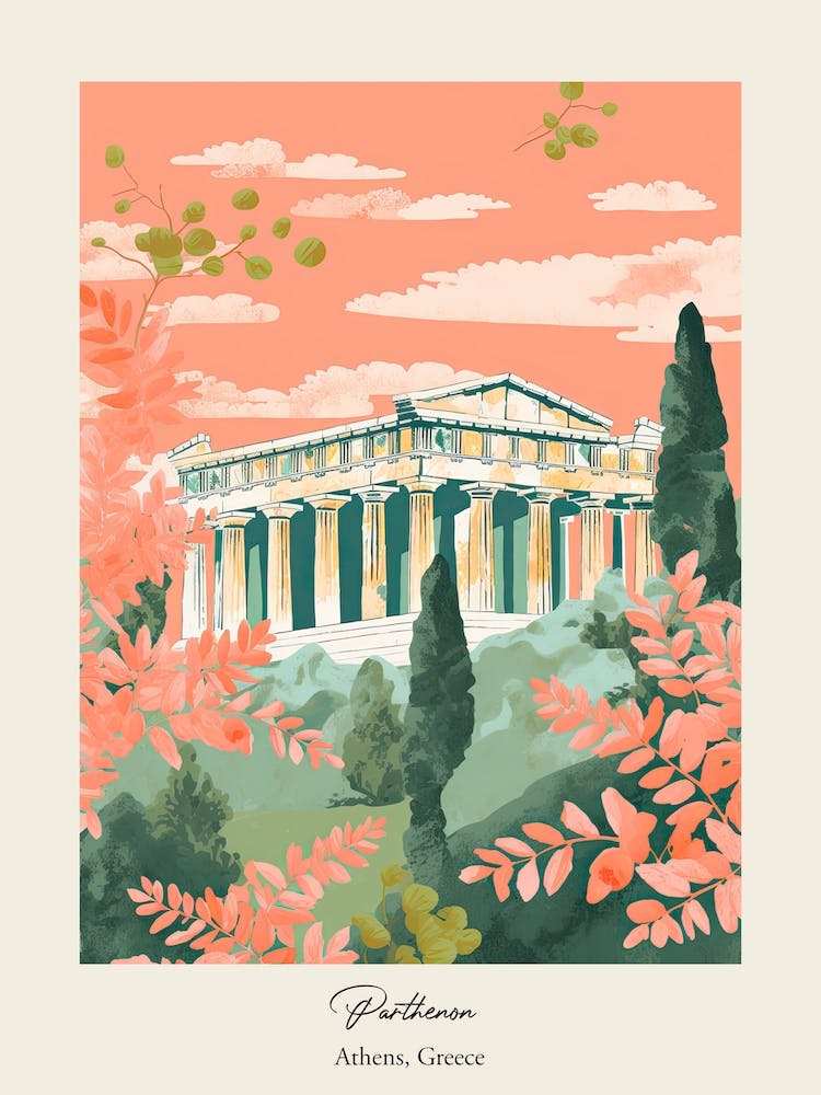 Parthénon Athènes, Grèce Mignonne Illustration Botanique Affiche de Voyage 2