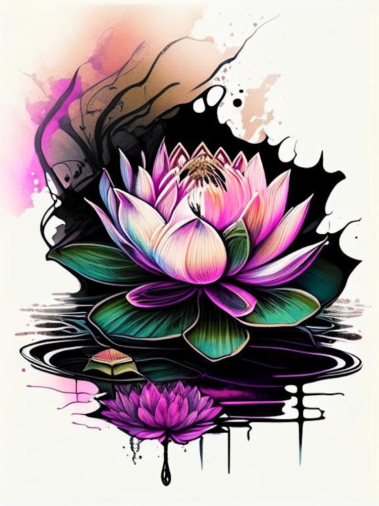 Blooming Lotus Flower In Pond Graffiti 1