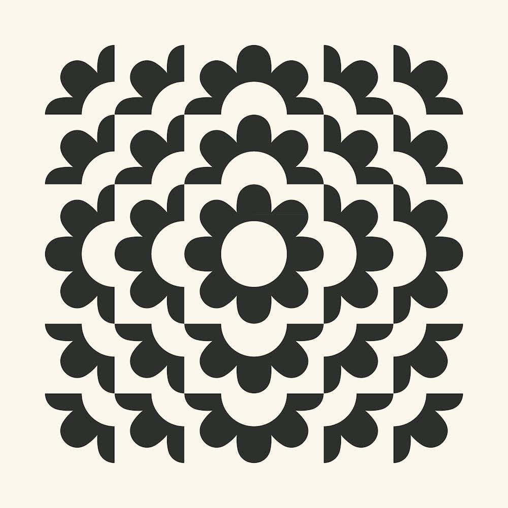 Midcentury Modern Abstract Geometric Flower Pattern Floral in black and beige 1