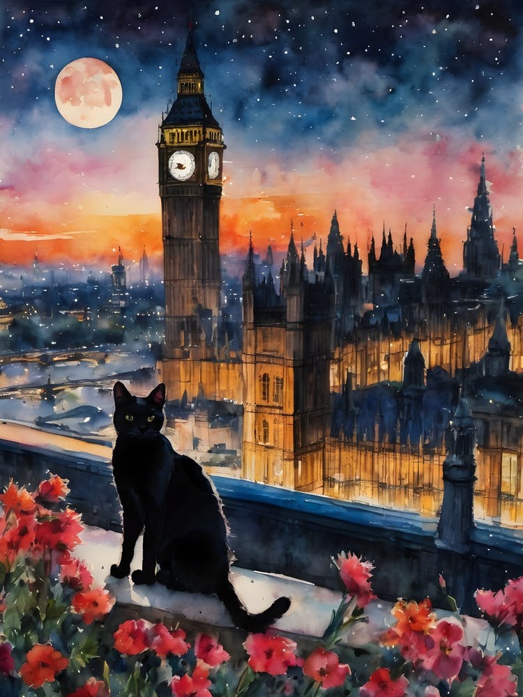 Black Cat in London - The Black Cat Travel Series Iconic Big Ben England Cityscapes Flowers on a Full Moon Traditional Watercolor Kitty Travels Home and Room Wall Art Cool Decor Klimt and Matisse Inspired Modern Awesome Cool Unique Pagan Witchy Witches Familiar Gift For Cat Lady Animal Lovers World Travelling Genuine Works by British Watercolour Artist Lyra O'Brien