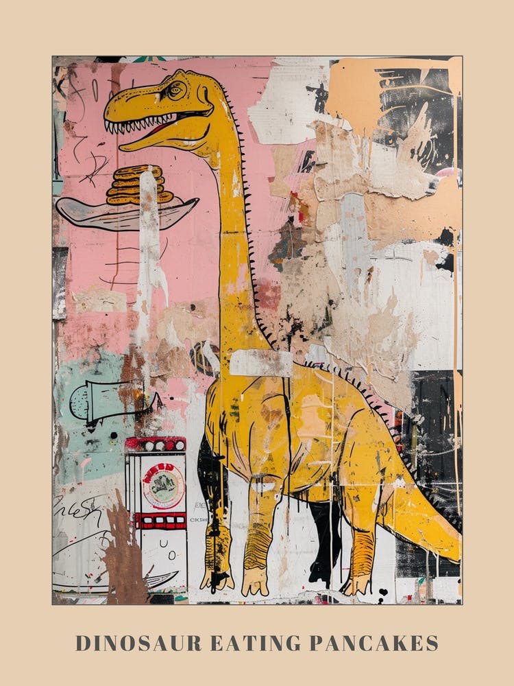 Abstract Mustard Dinosaur Painting Eating Pancakes Poster