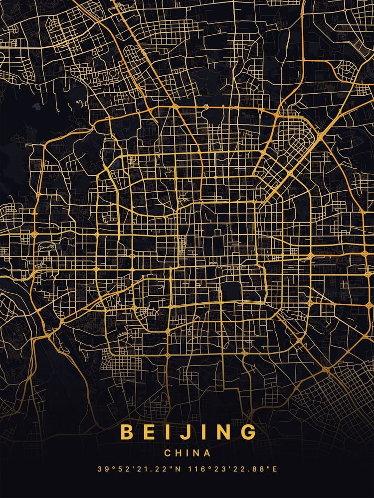 Beijing China Black And Gold Map - Zoomed