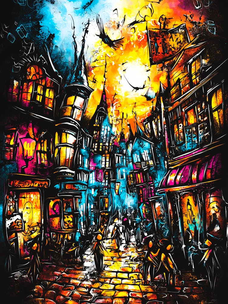 Harry Potter City, vibrant colorful neo-expressionism inspired.