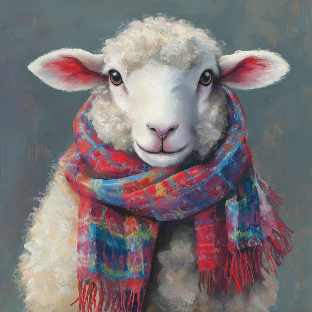 A Cute Sheep Portrait, Dressed In A Cozy Scarf With Vibrant Colors Of Red And Blue Plaid Pattern