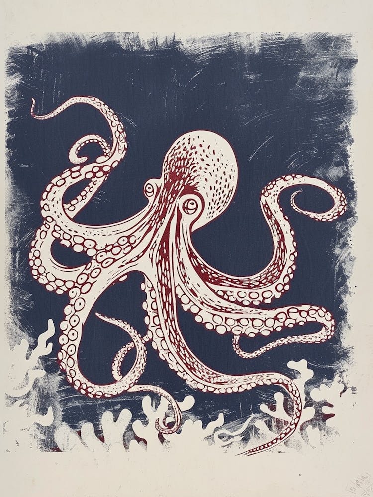 Octopus Linocut Style With Aqua Marine Plants 5