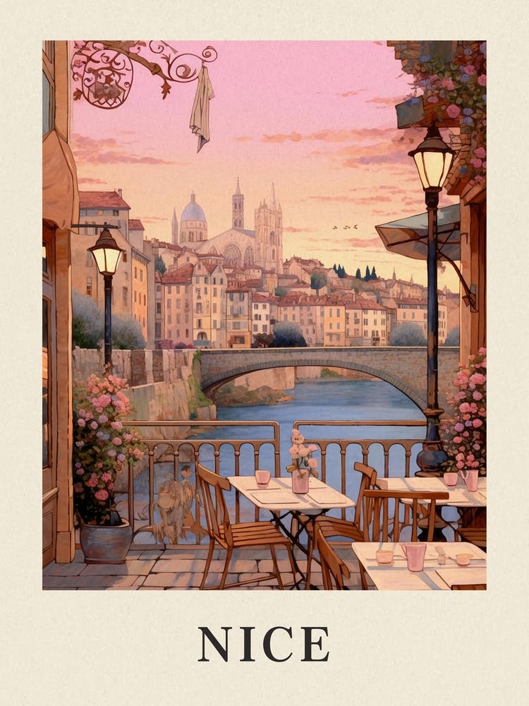 Nice France 2 Vintage Pink Travel Illustration Poster