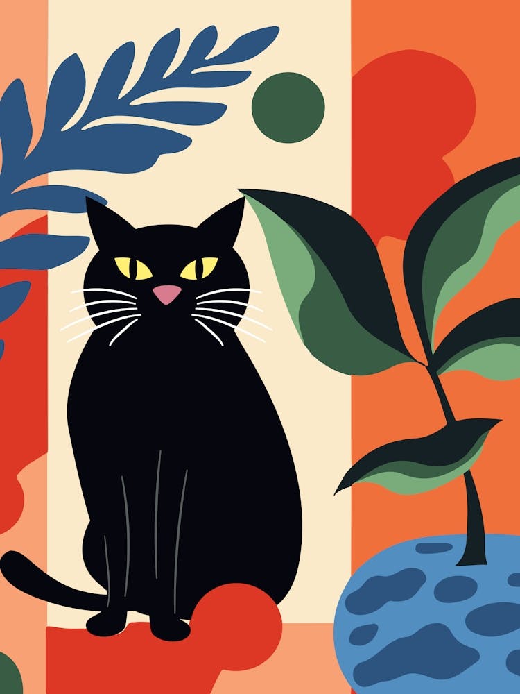 Boho Matisse Style Black Cat With Plants
