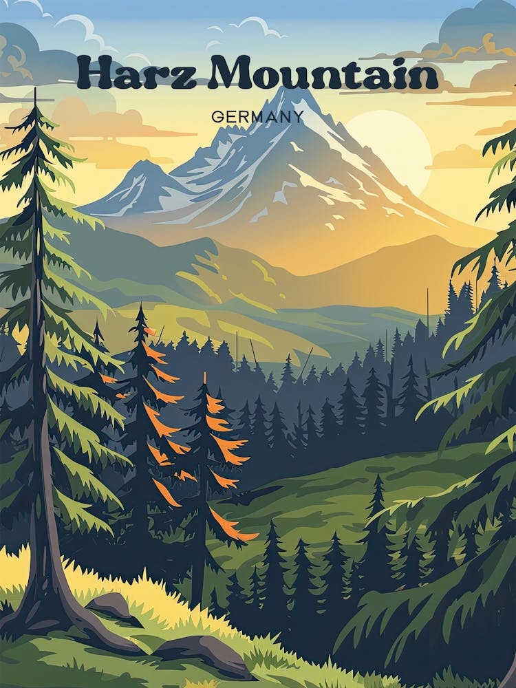 Harz Mountain Germany Snow Digital Travel Illustration