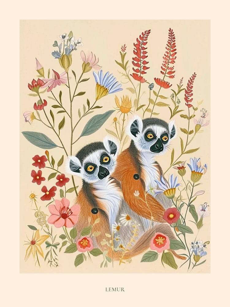 Folksy Floral Animal Drawing Lemur Poster