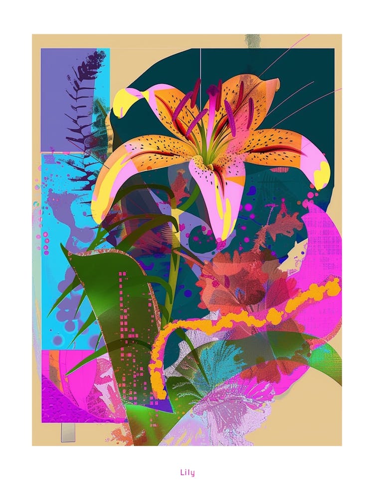 Lily 3 Neon Flower Collage Poster