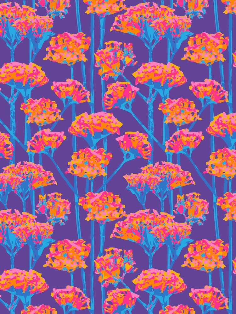 SUNSHINE-Y Abstract Floral Summer Bright Botanical in Fuchsia Pink Orange Blue on Purple
