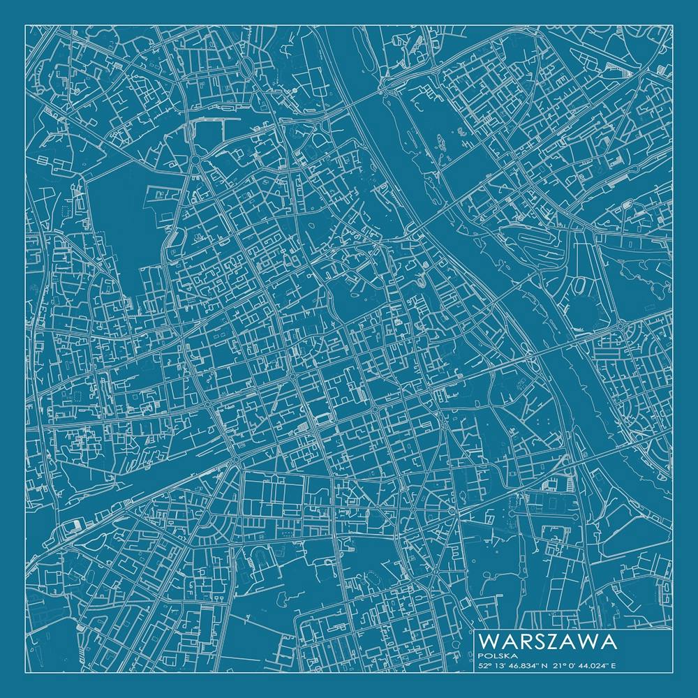 Warszawa, Polska, (Warsaw, Poland) City Map Blueprint Design