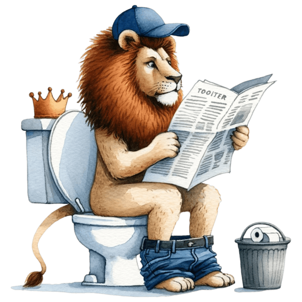 Lion Reading Newspaper on Toilet