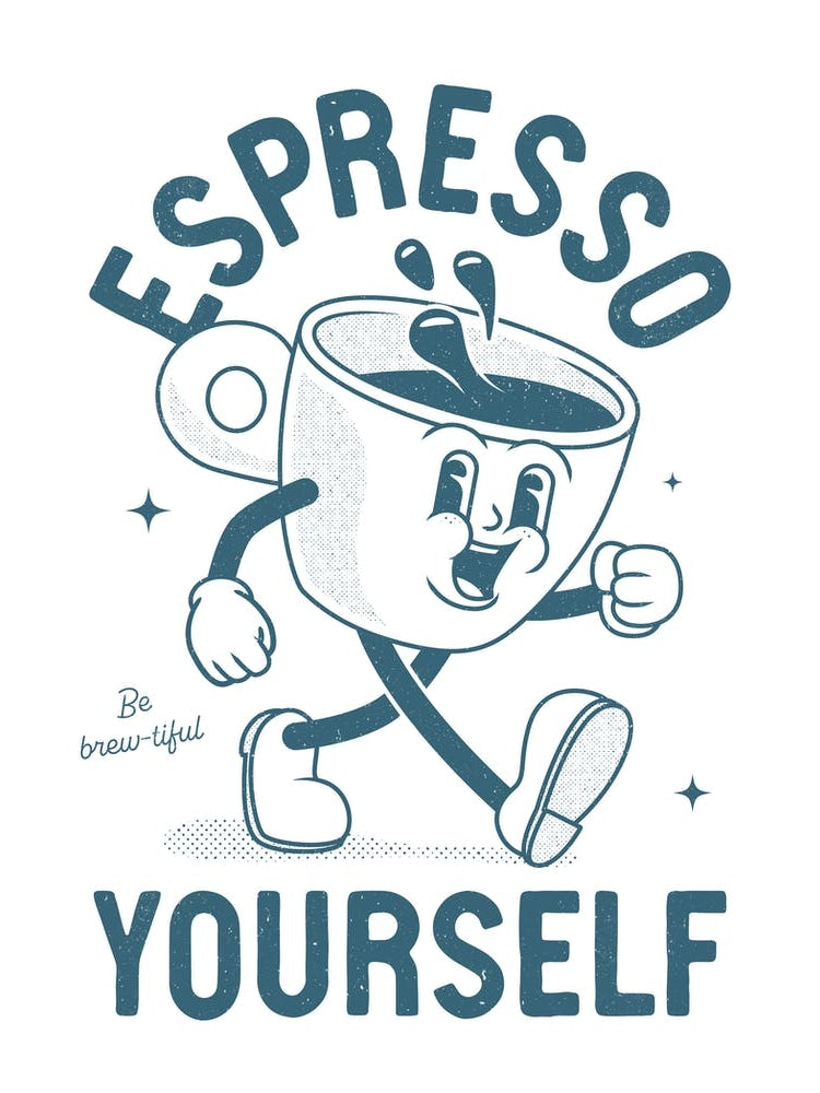 'Espresso Yourself' retro coffee art print in blue
