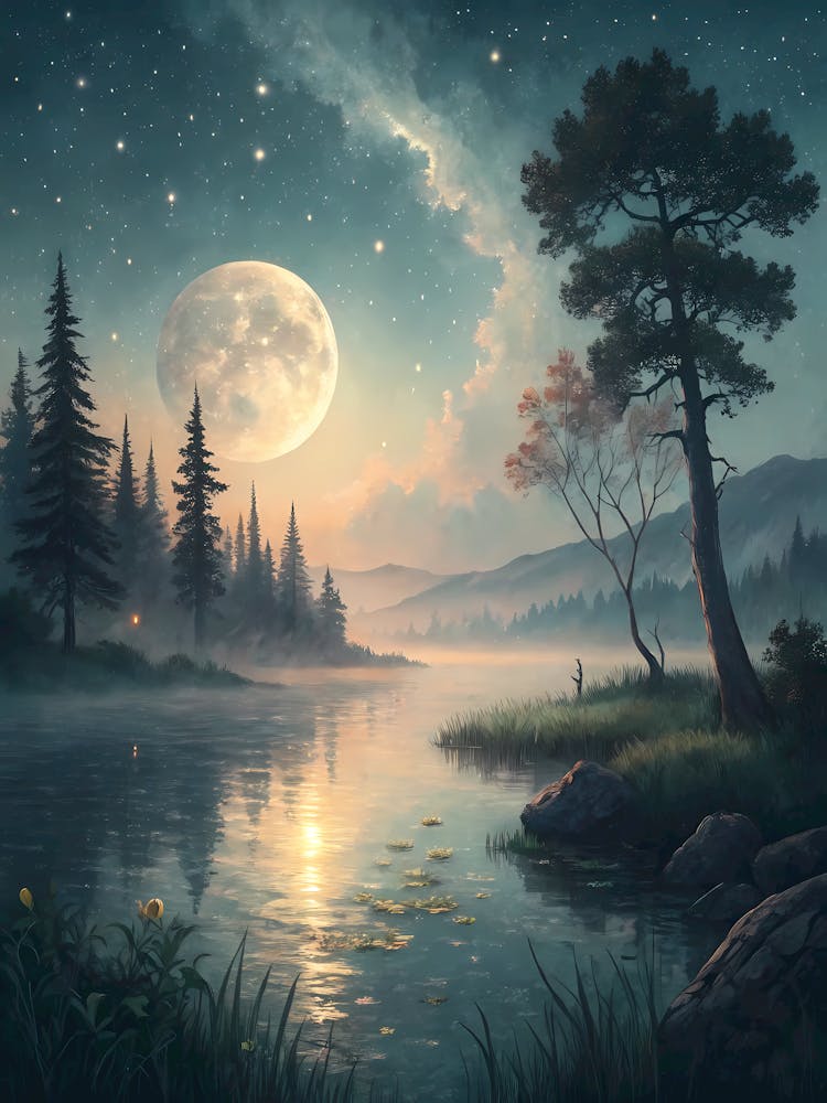 A Dreamy Lakeside with Soft Reflections Oil Painting Style
