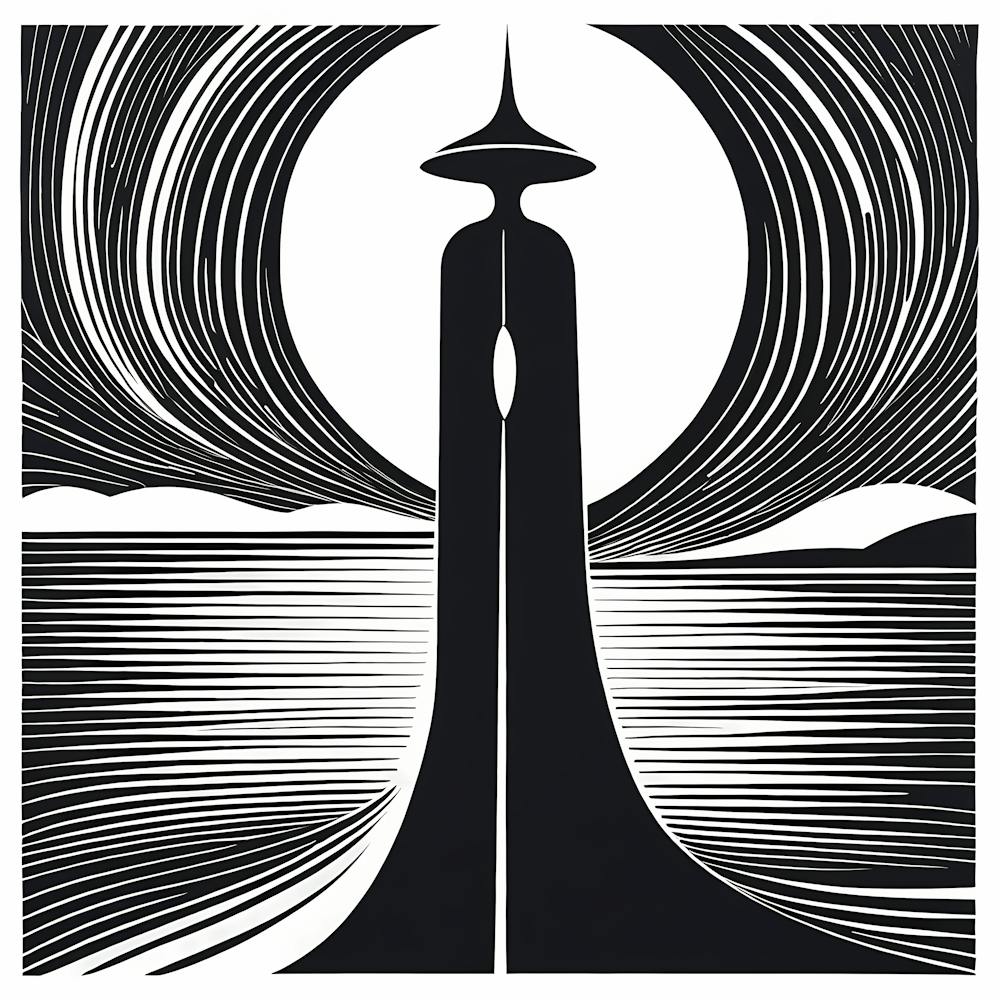 A Linocut Piece Depicting A Mysterious light house, 110