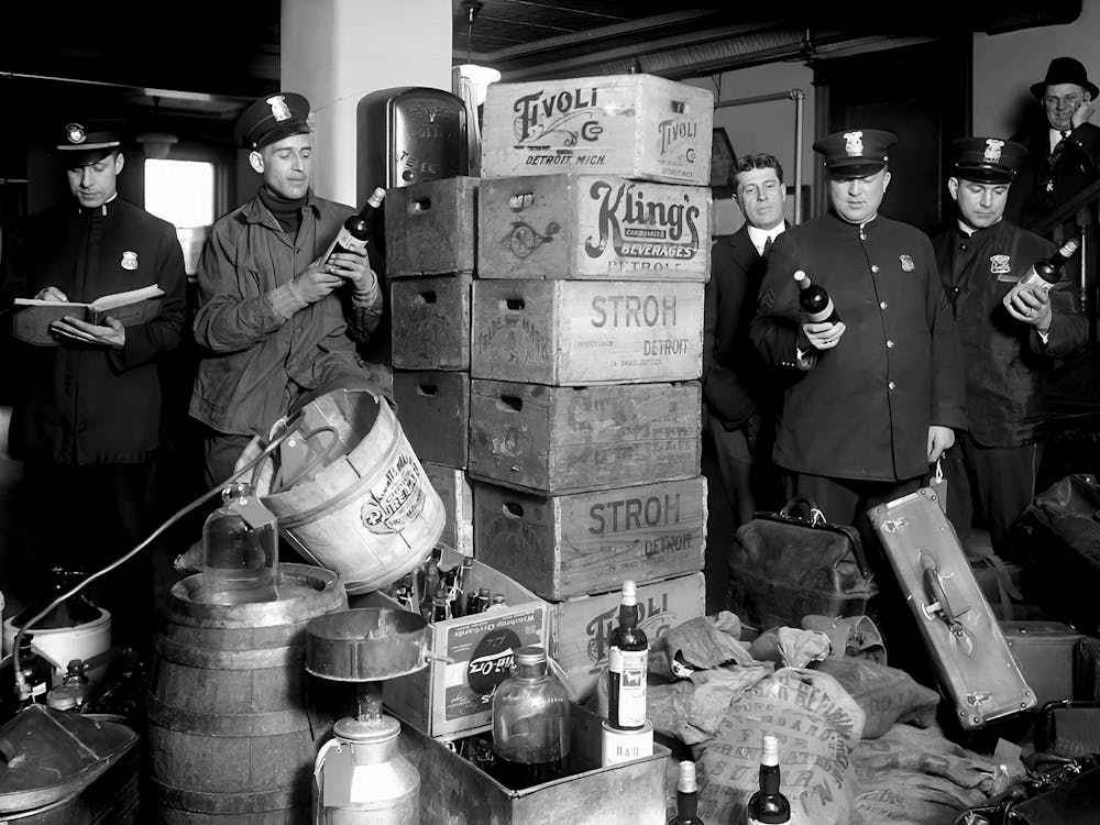 Prohibition, Police Raid Liquor Bottles, Black and White Old Photo, Vintage Bar Cart Decor