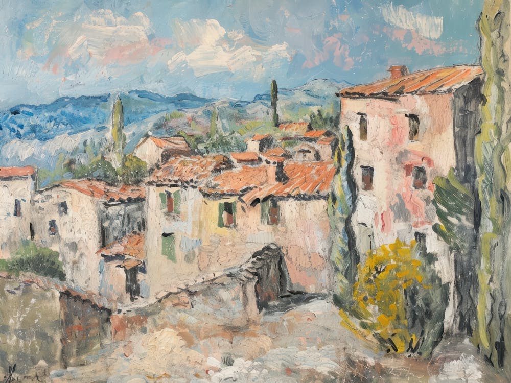 Majestic Peaks Town Painting Inspired By Paul Cezanne
