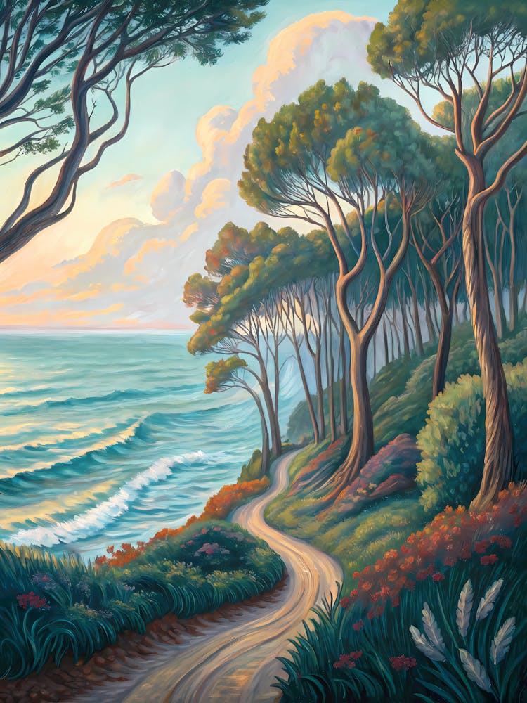 Van Gogh Style Coastal Path Sunset Ocean Landscape