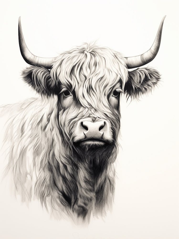 Black & White Ink Painting Of Highland Cow 8