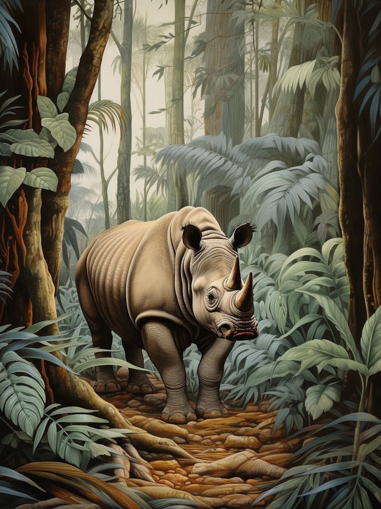 Rhinocéros Profondément dans les Feuilles Illustration Réaliste 3