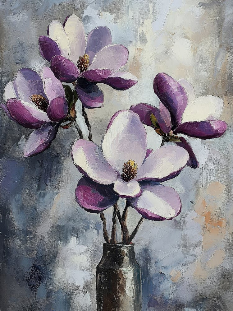 Purple Magnolia Flowers On Canvas With Texture In The Grayscale