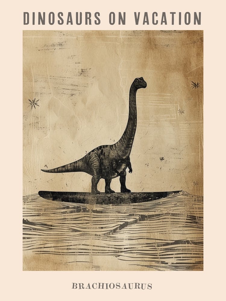 Vintage Brachiosaurus Dinosaur On A Surf Board 3 Poster