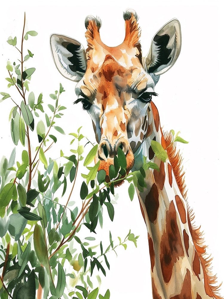 Watercolour Giraffe Head In The Leaves 3